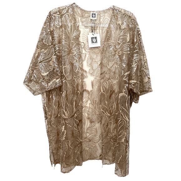 Anne Klein Womens Floral Sequin‎ Sheer Cardigan Size S/M White Latte Poly NWT - Picture 1 of 7